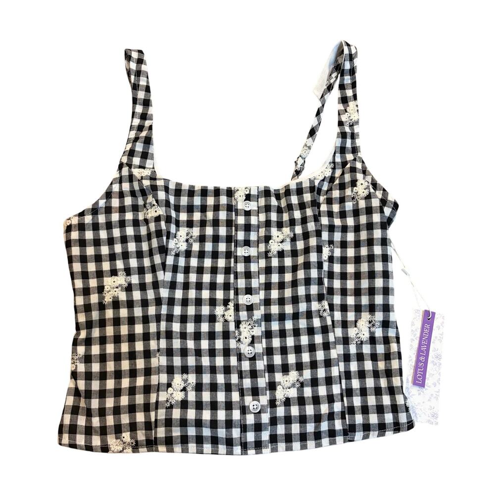 Lotus & Lavender Tan Top L Black White Gingham Floral Button Front Crop NWT